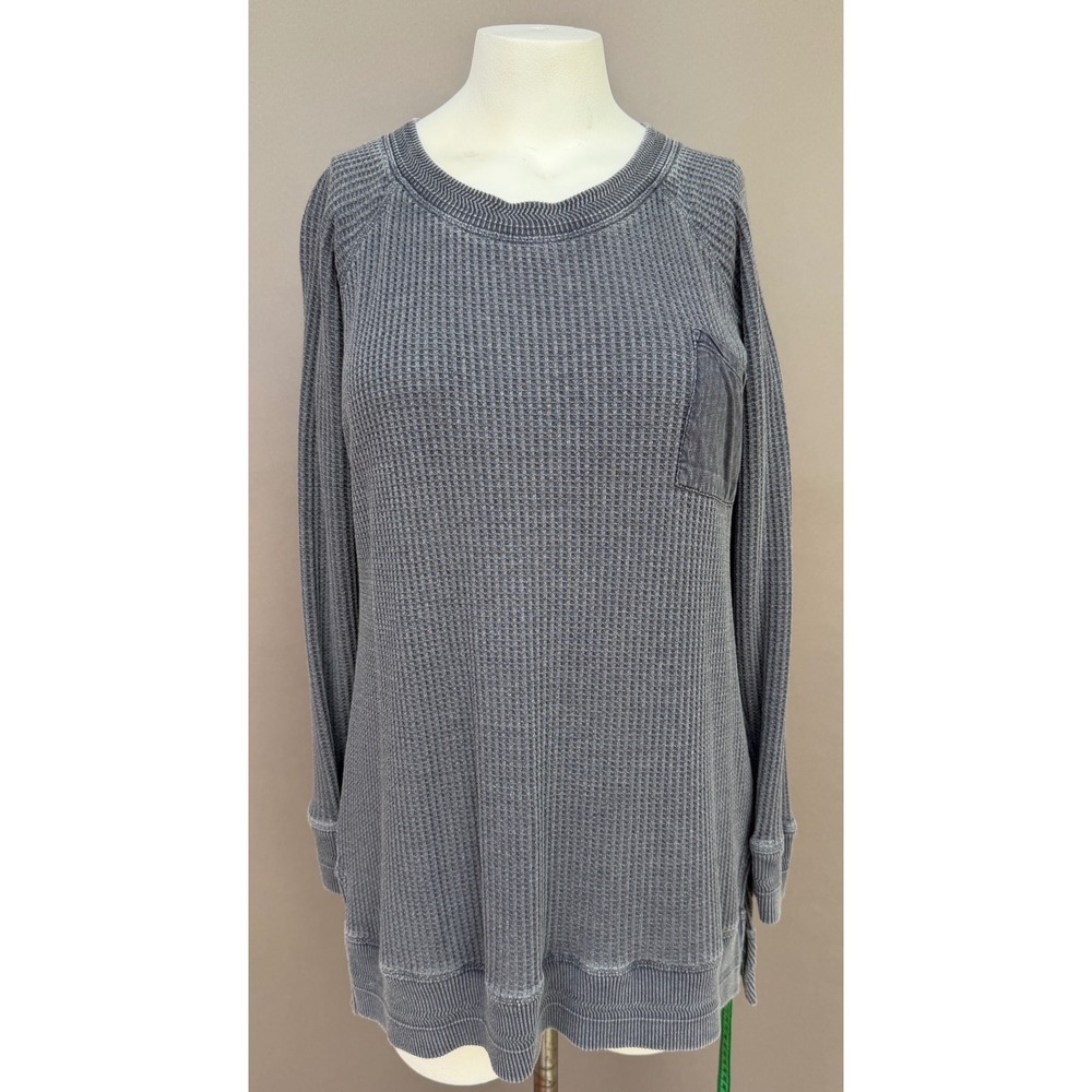 Soft‎ Surroundings Waffle Knit Tunic Top L Grey Pocket Long Sleeve Pullover